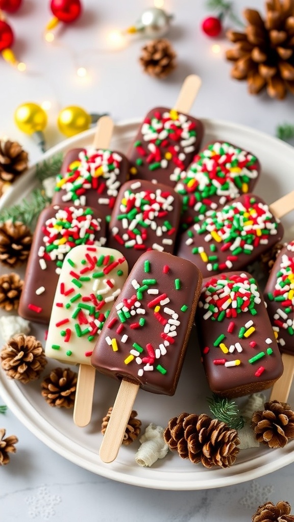 Festive Christmas cakesicles decorated with sprinkles on a platter, surrounded by holiday decorations.